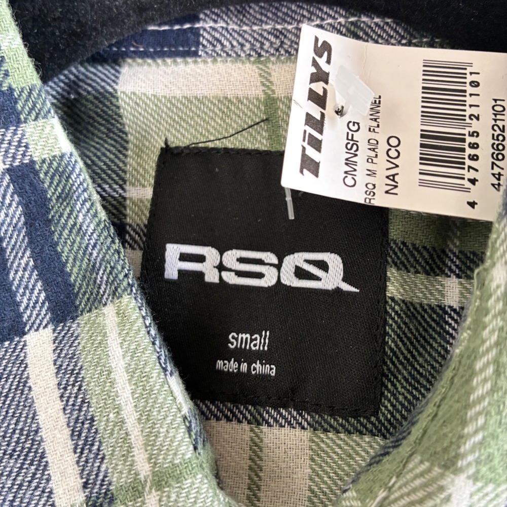 NWT RSQ Men's Plaid Flannel Shirt Green Black Cream Tartan Button Down Small - Picture 6 of 16